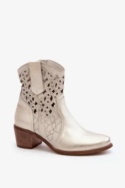 Outlet Zazoo 3394 Damskie Botki Na Obcasie Ażurowe Złote