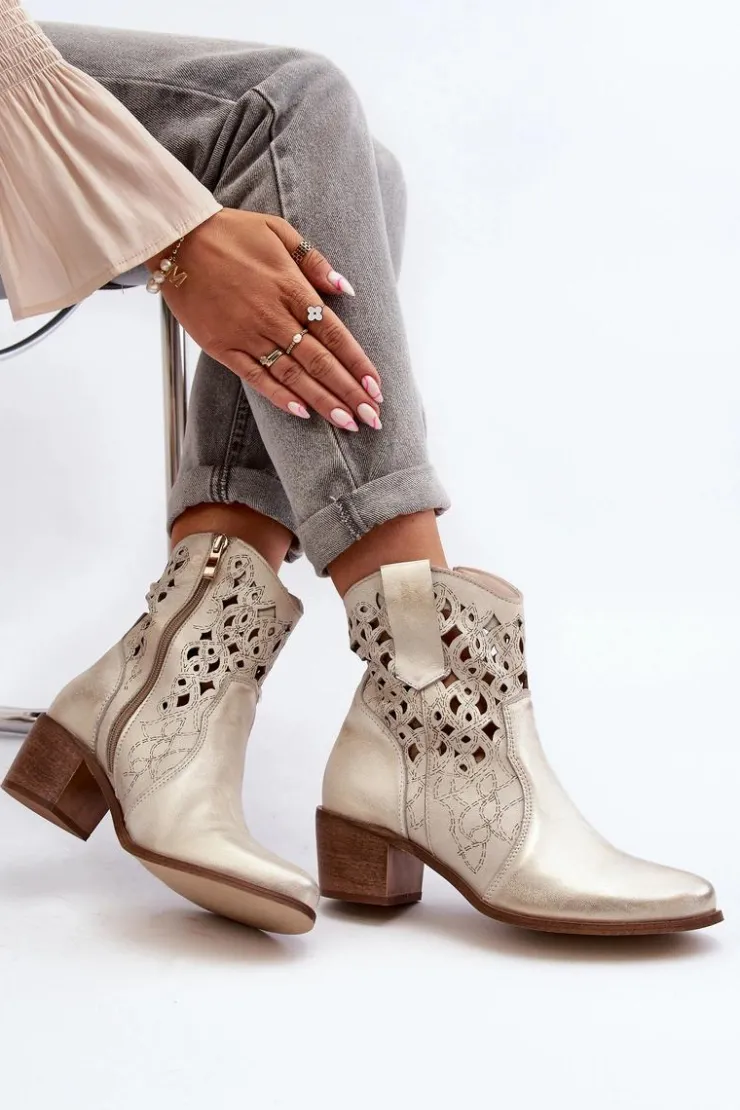 Outlet Zazoo 3394 Damskie Botki Na Obcasie Ażurowe Złote