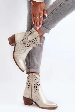 Outlet Zazoo 3394 Damskie Botki Na Obcasie Ażurowe Złote