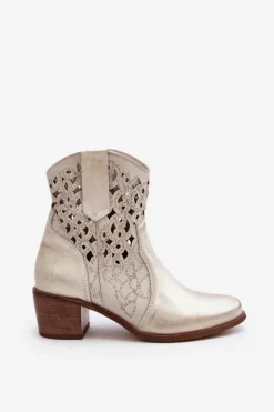 Outlet Zazoo 3394 Damskie Botki Na Obcasie Ażurowe Złote