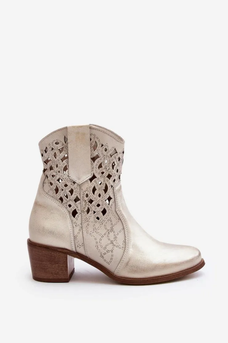 Outlet Zazoo 3394 Damskie Botki Na Obcasie Ażurowe Złote