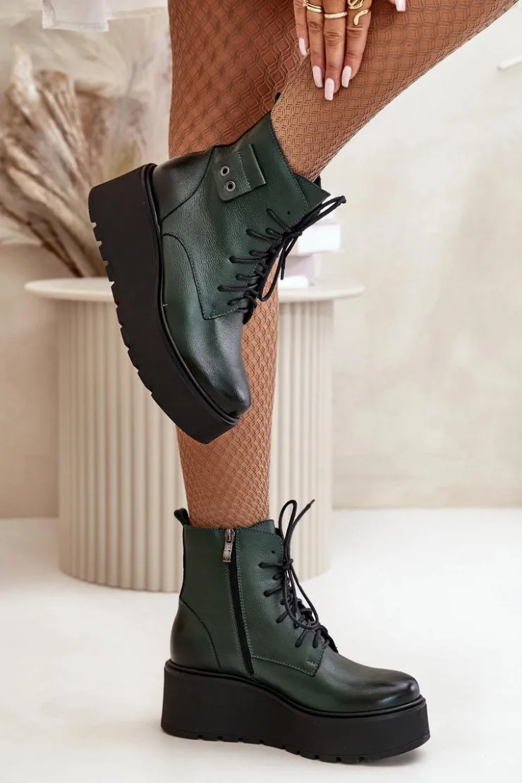 Damskie Zazoo 60499 Damskie Botki Na Platformie I Koturnie Ocieplane Skóra Naturalna Ciemnozielone