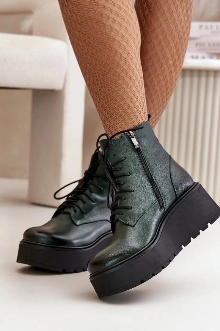 Damskie Zazoo 60499 Damskie Botki Na Platformie I Koturnie Ocieplane Skóra Naturalna Ciemnozielone