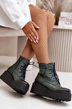 Damskie Zazoo 60499 Damskie Botki Na Platformie I Koturnie Ocieplane Skóra Naturalna Ciemnozielone