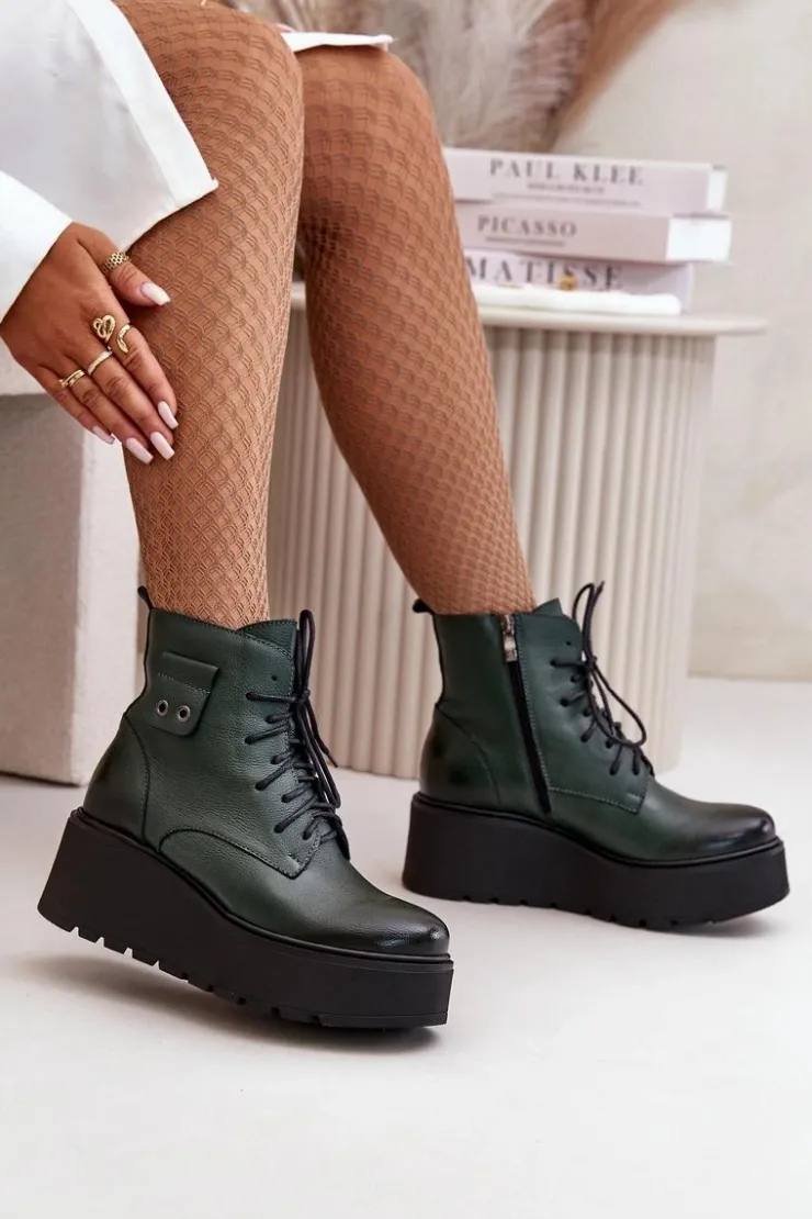 Damskie Zazoo 60499 Damskie Botki Na Platformie I Koturnie Ocieplane Skóra Naturalna Ciemnozielone