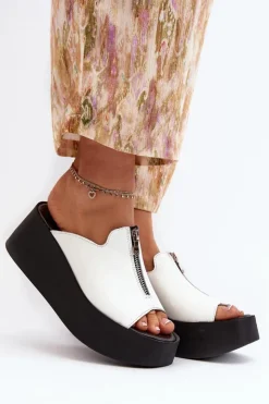 Sale Zazoo 2916 Damskie Klapki Na Masywnej Platformie Z Suwakiem Białe Biały