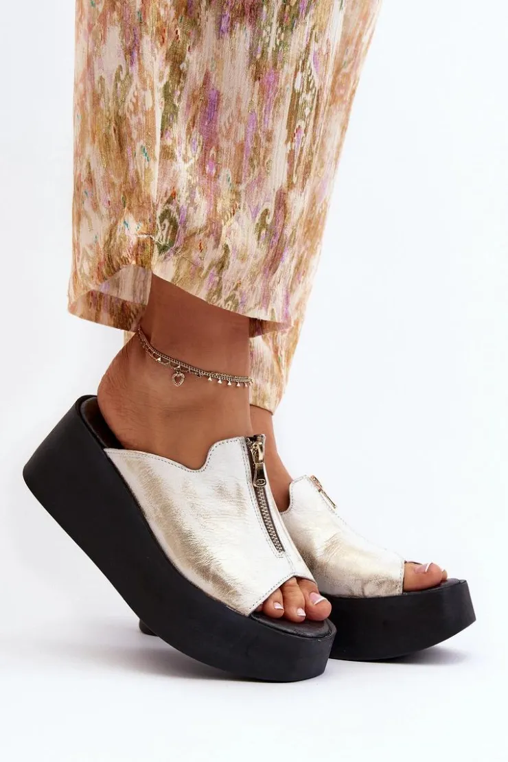 Zazoo Klapki Na Platformie|Klapki Damskie Klasyczne*2916 Damskie Klapki Na Masywnej Platformie Z Suwakiem Złote Złoty