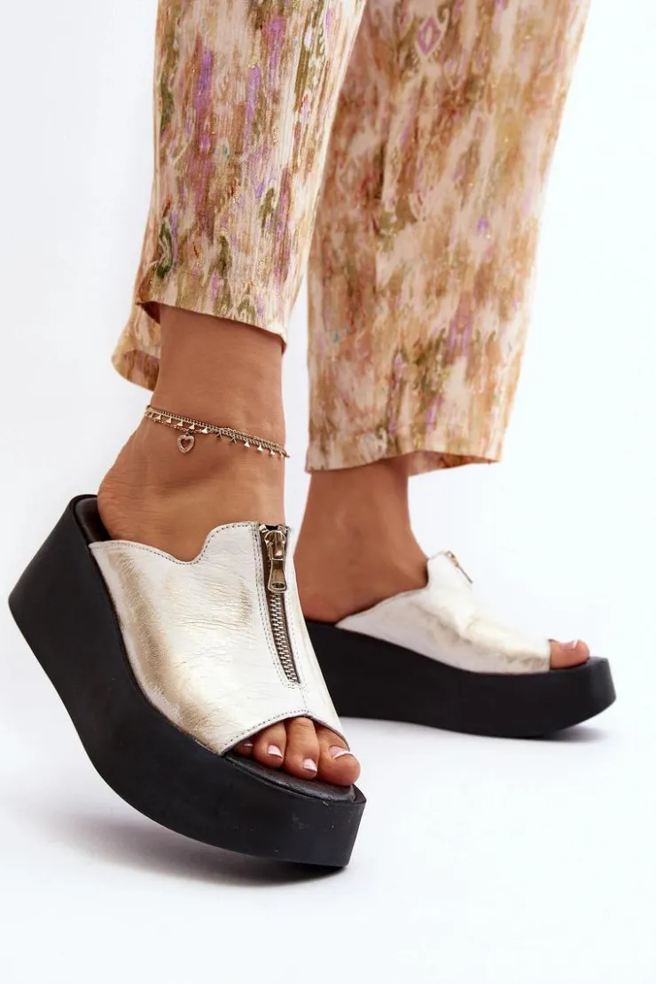 Zazoo Klapki Na Platformie|Klapki Damskie Klasyczne*2916 Damskie Klapki Na Masywnej Platformie Z Suwakiem Złote Złoty