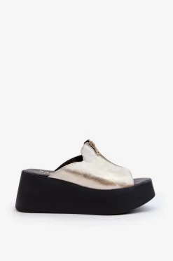 Zazoo Klapki Na Platformie|Klapki Damskie Klasyczne*2916 Damskie Klapki Na Masywnej Platformie Z Suwakiem Złote Złoty