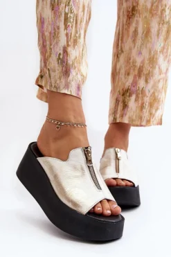 Zazoo Klapki Na Platformie|Klapki Damskie Klasyczne*2916 Damskie Klapki Na Masywnej Platformie Z Suwakiem Złote Złoty