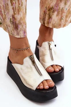 Zazoo Klapki Na Platformie|Klapki Damskie Klasyczne*2916 Damskie Klapki Na Masywnej Platformie Z Suwakiem Złote Złoty