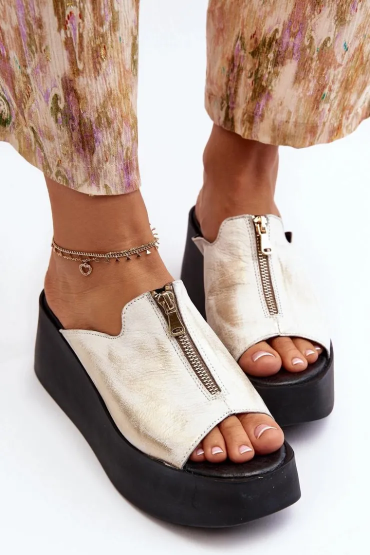 Zazoo Klapki Na Platformie|Klapki Damskie Klasyczne*2916 Damskie Klapki Na Masywnej Platformie Z Suwakiem Złote Złoty