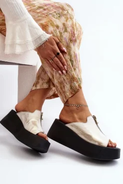 Zazoo Klapki Na Platformie|Klapki Damskie Klasyczne*2916 Damskie Klapki Na Masywnej Platformie Z Suwakiem Złote Złoty