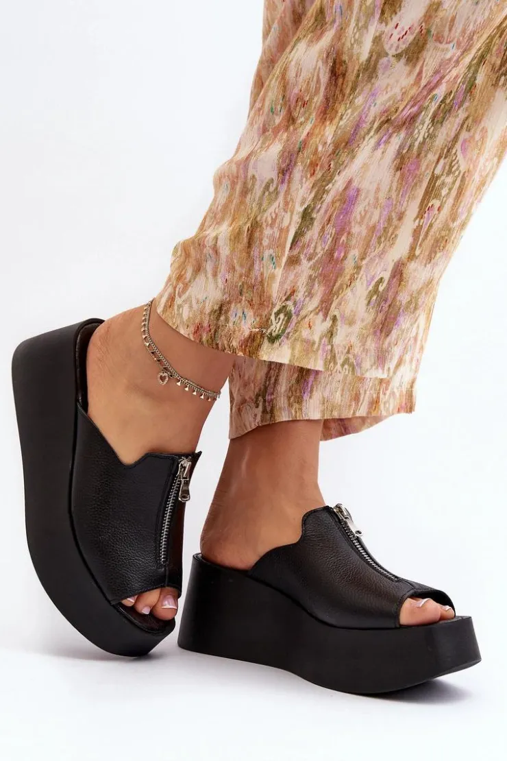 Damskie Zazoo 2916 Damskie Klapki Na Masywnej Platformie Z Suwakiem Czarne