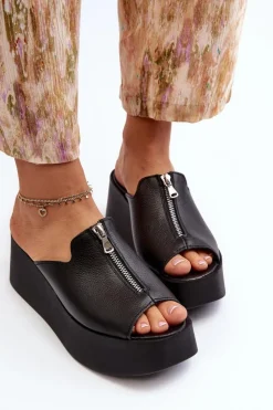 Damskie Zazoo 2916 Damskie Klapki Na Masywnej Platformie Z Suwakiem Czarne
