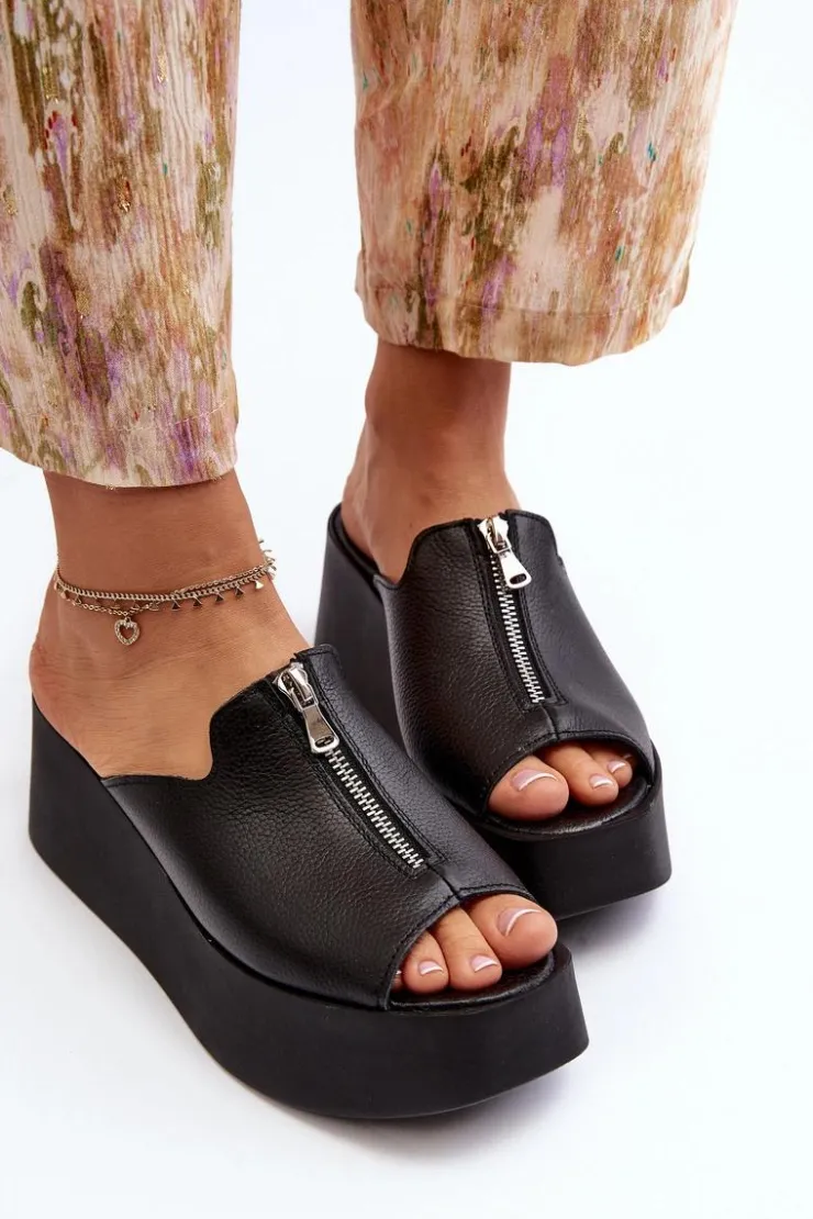 Damskie Zazoo 2916 Damskie Klapki Na Masywnej Platformie Z Suwakiem Czarne