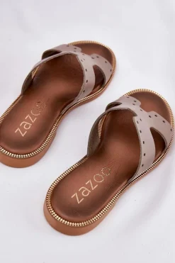Zazoo Klapki Damskie Klasyczne*40326 Damskie Klapki Z Ozdobnymi Wycięciami Ciemnobeżowe Beżowy