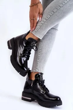 Boto Botki Skórzane|Botki Sznurowane*Zazoo 60309 Damskie Lakierowane Botki Na Płaskim Obcasie Czarne