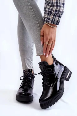 Boto Botki Skórzane|Botki Sznurowane*Zazoo 60309 Damskie Lakierowane Botki Na Płaskim Obcasie Czarne