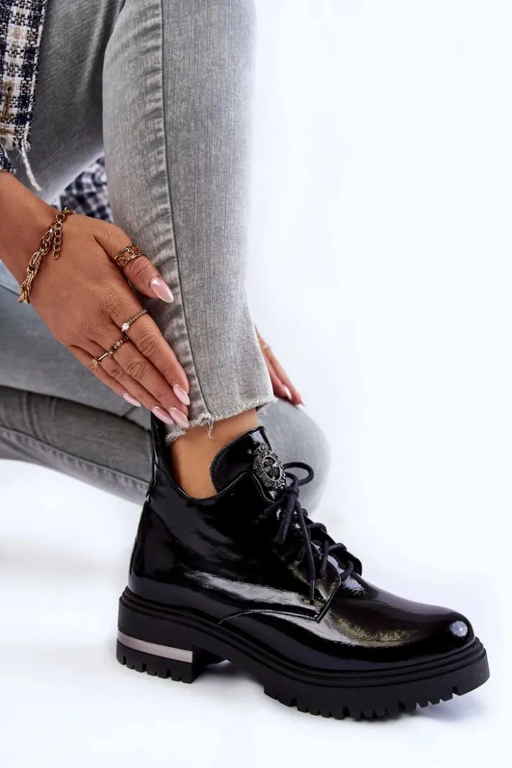 Boto Botki Skórzane|Botki Sznurowane*Zazoo 60309 Damskie Lakierowane Botki Na Płaskim Obcasie Czarne