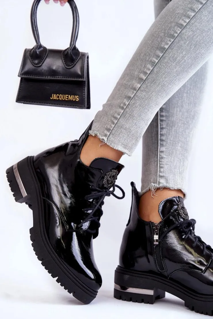 Boto Botki Skórzane|Botki Sznurowane*Zazoo 60309 Damskie Lakierowane Botki Na Płaskim Obcasie Czarne