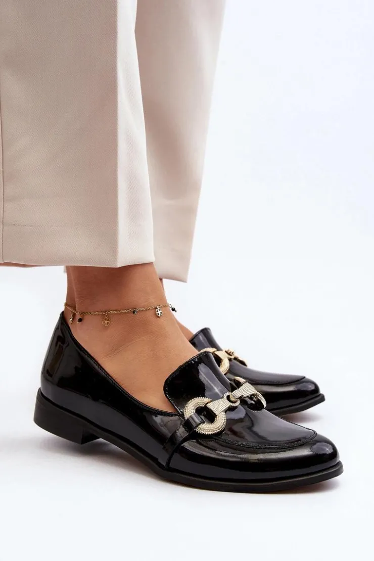 Damskie Zazoo 2880 Damskie Mokasyny Lakierowane Z Ozdobą Czarne