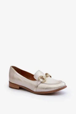 Best Zazoo 2880 Damskie Mokasyny Skórzane Z Ozdobą Złote Złoty