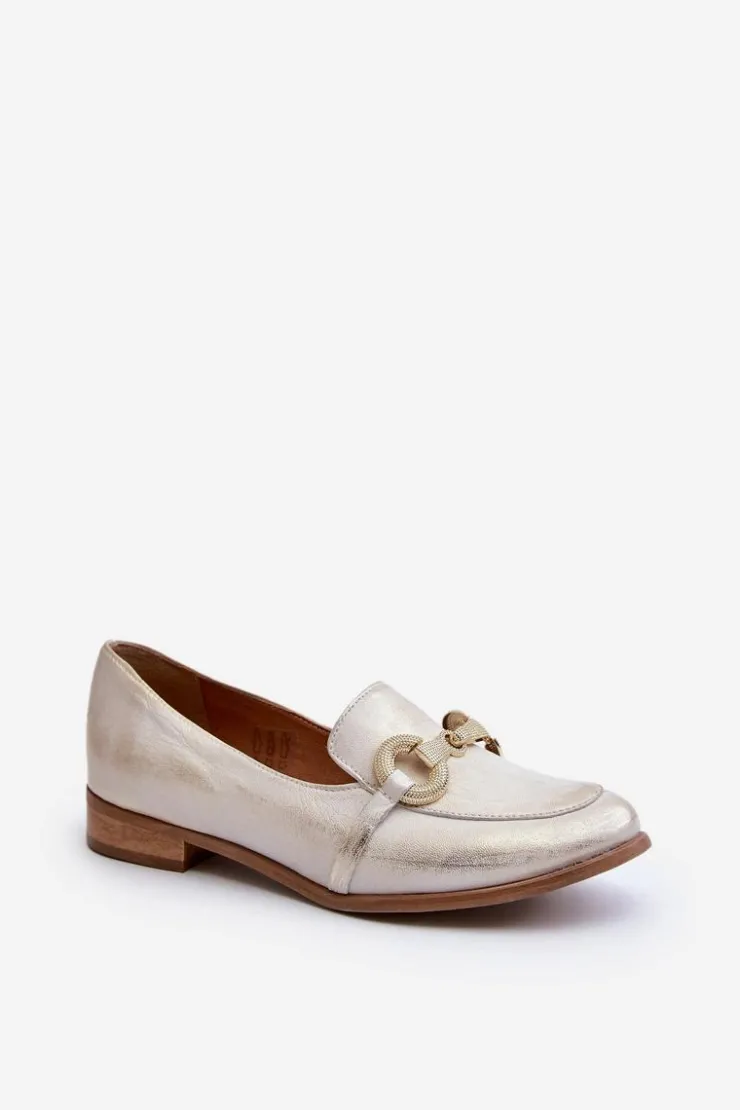 Best Zazoo 2880 Damskie Mokasyny Skórzane Z Ozdobą Złote Złoty