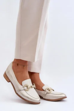 Best Zazoo 2880 Damskie Mokasyny Skórzane Z Ozdobą Złote Złoty