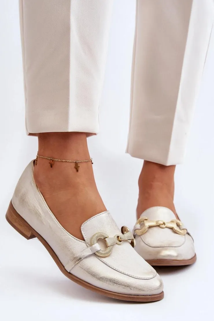 Best Zazoo 2880 Damskie Mokasyny Skórzane Z Ozdobą Złote Złoty