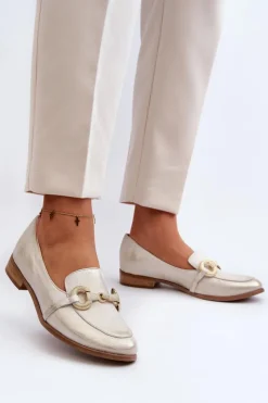 Best Zazoo 2880 Damskie Mokasyny Skórzane Z Ozdobą Złote Złoty