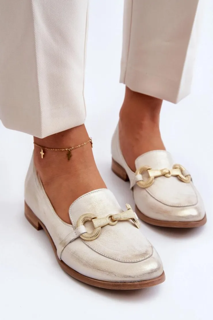 Best Zazoo 2880 Damskie Mokasyny Skórzane Z Ozdobą Złote Złoty