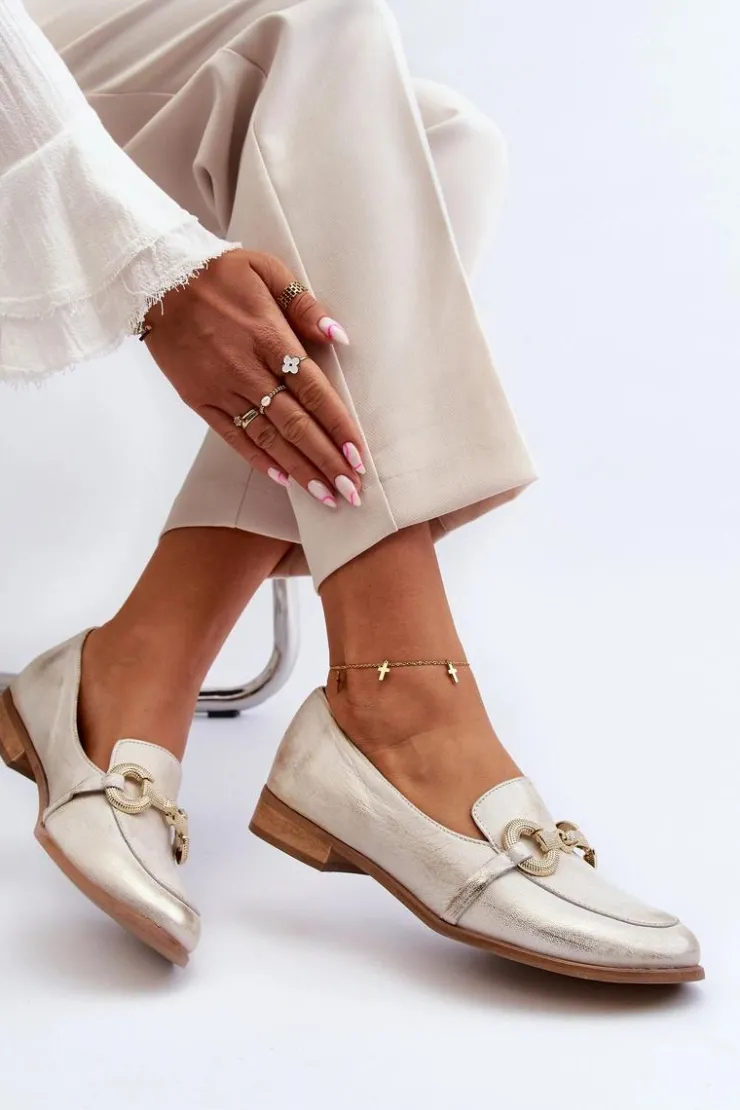 Best Zazoo 2880 Damskie Mokasyny Skórzane Z Ozdobą Złote Złoty