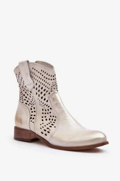 Discount Boto Zazoo 3305/2 Damskie Skórzane Ażurowe Botki Kowbojki Złote