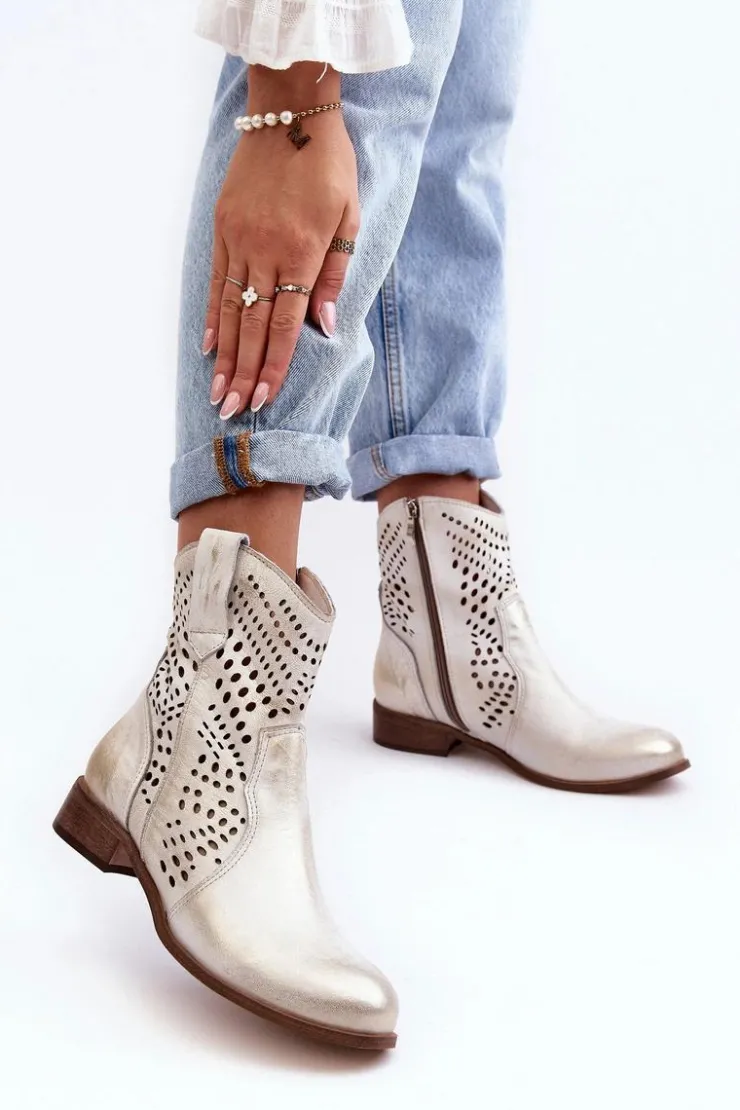 Discount Boto Zazoo 3305/2 Damskie Skórzane Ażurowe Botki Kowbojki Złote