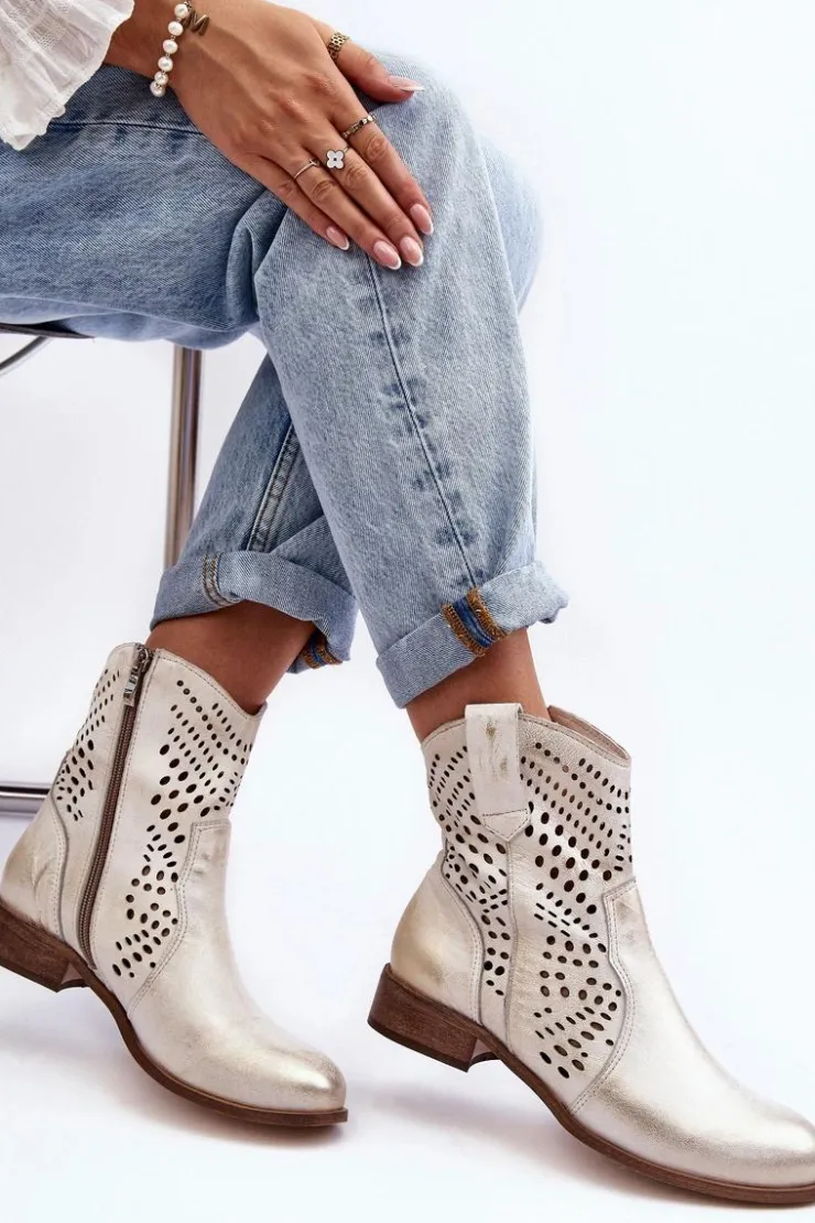 Discount Boto Zazoo 3305/2 Damskie Skórzane Ażurowe Botki Kowbojki Złote