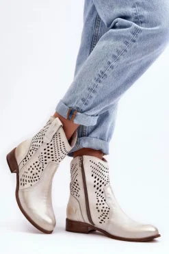 Discount Boto Zazoo 3305/2 Damskie Skórzane Ażurowe Botki Kowbojki Złote