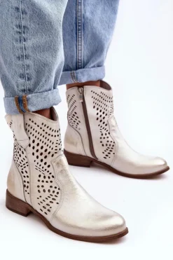 Discount Boto Zazoo 3305/2 Damskie Skórzane Ażurowe Botki Kowbojki Złote