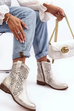 Discount Boto Zazoo 3305/2 Damskie Skórzane Ażurowe Botki Kowbojki Złote