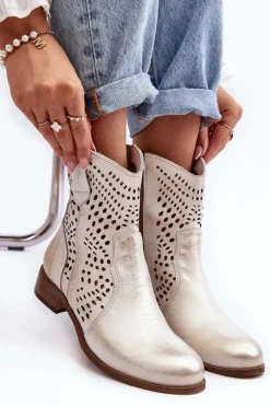 Discount Boto Zazoo 3305/2 Damskie Skórzane Ażurowe Botki Kowbojki Złote