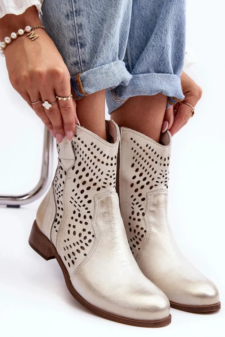 Discount Boto Zazoo 3305/2 Damskie Skórzane Ażurowe Botki Kowbojki Złote