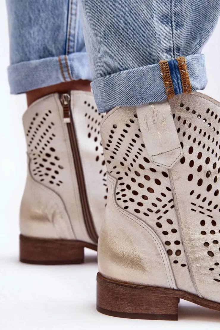 Discount Boto Zazoo 3305/2 Damskie Skórzane Ażurowe Botki Kowbojki Złote