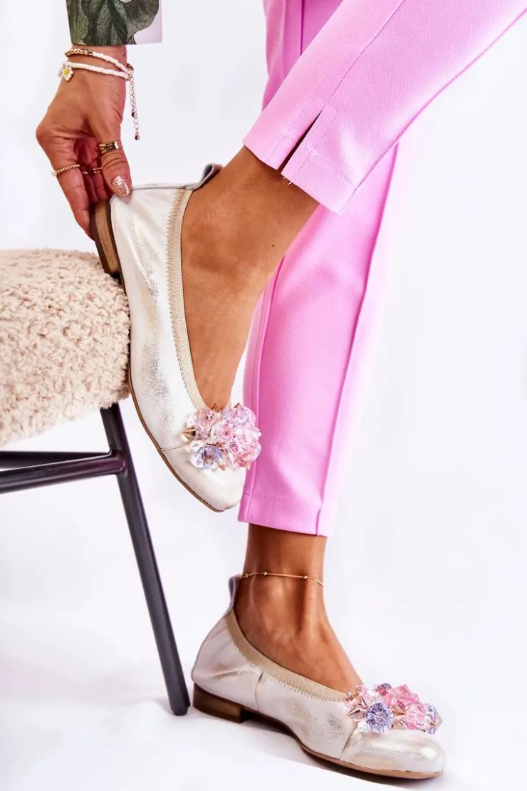 Damskie Zazoo 2749 Damskie Skórzane Baleriny Z Kryształkami Biało-Złote