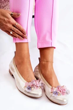 Damskie Zazoo 2749 Damskie Skórzane Baleriny Z Kryształkami Biało-Złote