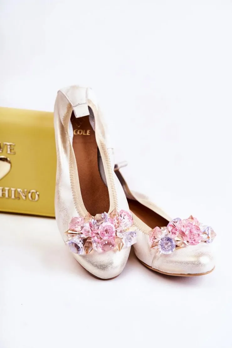 Damskie Zazoo 2749 Damskie Skórzane Baleriny Z Kryształkami Biało-Złote