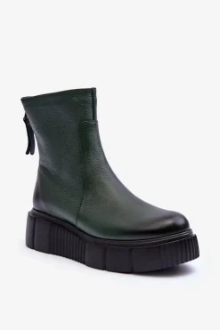 Zazoo Botki Skórzane|Botki Zimowe Damskie*60369 Damskie Skórzane Botki Na Platformie Zielone