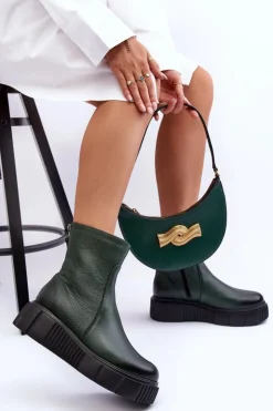 Zazoo Botki Skórzane|Botki Zimowe Damskie*60369 Damskie Skórzane Botki Na Platformie Zielone