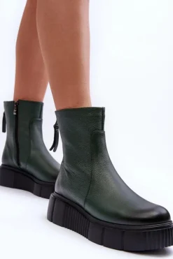 Zazoo Botki Skórzane|Botki Zimowe Damskie*60369 Damskie Skórzane Botki Na Platformie Zielone