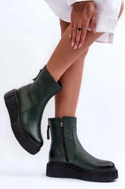 Zazoo Botki Skórzane|Botki Zimowe Damskie*60369 Damskie Skórzane Botki Na Platformie Zielone