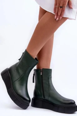 Zazoo Botki Skórzane|Botki Zimowe Damskie*60369 Damskie Skórzane Botki Na Platformie Zielone